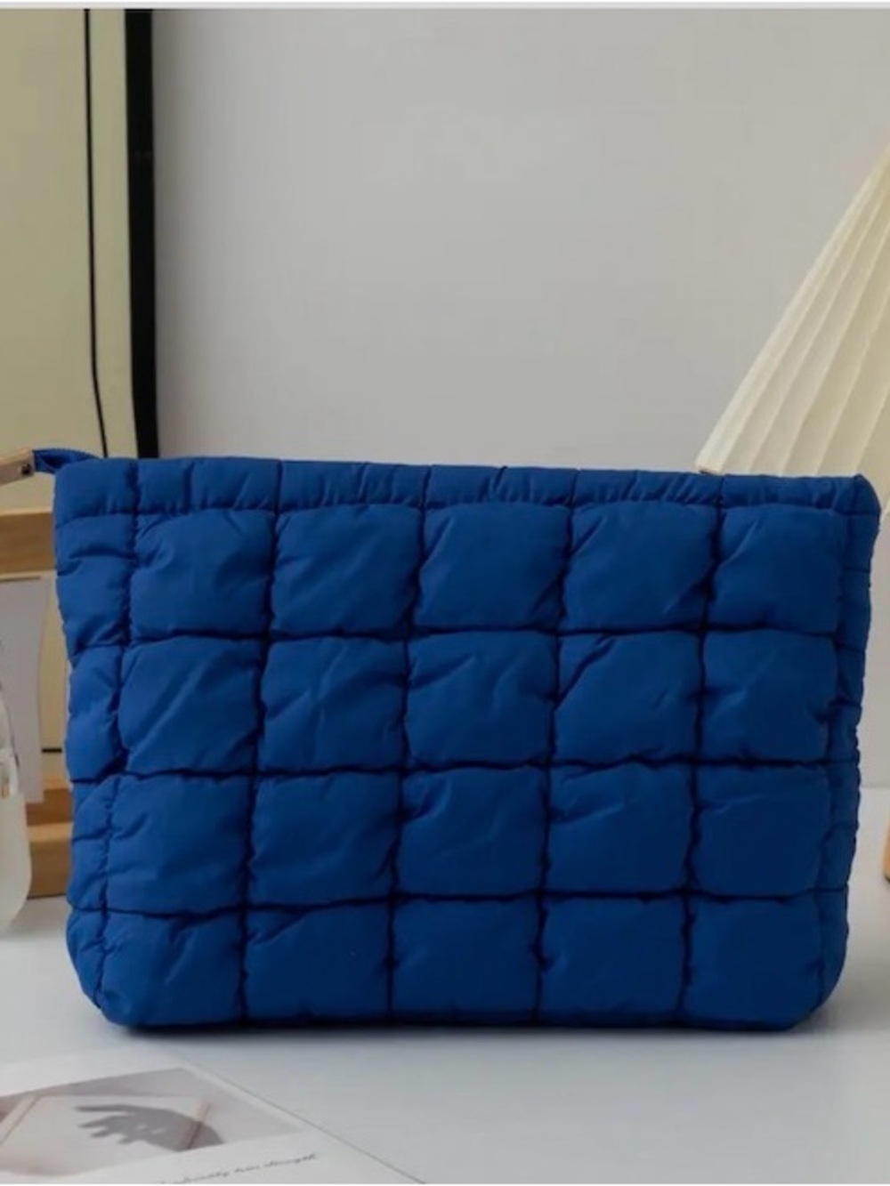 Quilted Blue Puffer Cosmetic Bag - Women's Travel Pouch